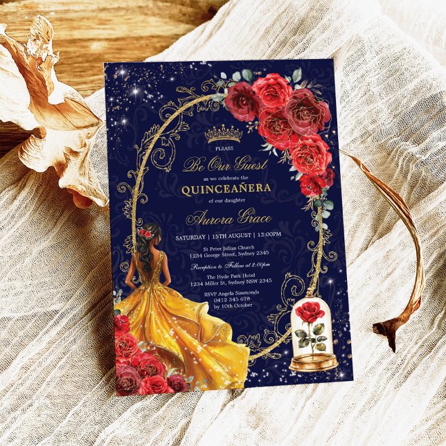 Navy Red Gold Verzauberte Rose Quinceañera Party Einladung (Von Creator hochgeladen)