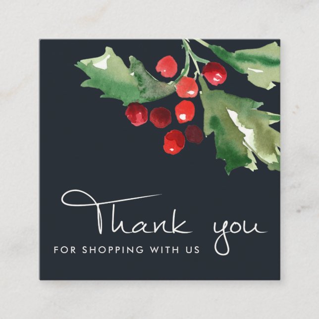 NAVY RED GREEN HOLLY BERRY CHRISTMAS DANK QUADRATISCHE VISITENKARTE (Vorderseite)