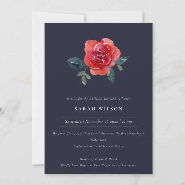 NAVY RED GREEN ROSE FLORAL GENDER REVEAL EINLADEN DANKESKARTE (Vorderseite)