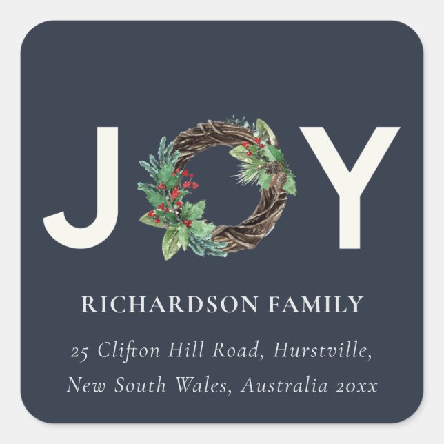 NAVY RED HOLLY BERRY JOY WREATH CHRISTMAS-ADRESSE QUADRATISCHER AUFKLEBER (Vorderseite)