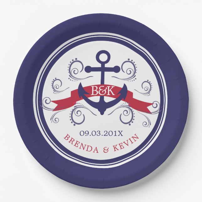 Navy & Red Nautical Boat Anker mit Banner Pappteller (Vorderseite)