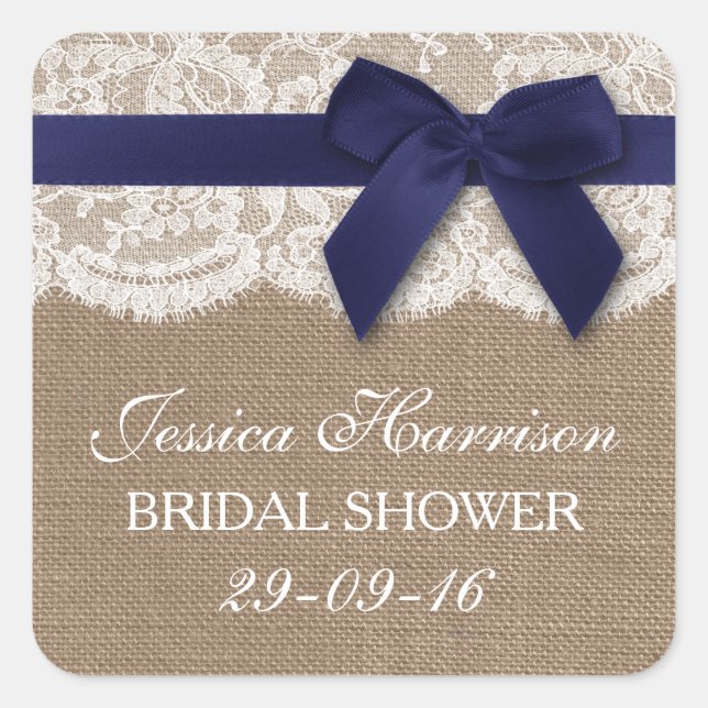 Navy Ribbon on Burlap & Lace Brautparty Quadratischer Aufkleber (Vorderseite)