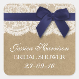 Navy Ribbon on Kraft & Lace Brautparty Quadratischer Aufkleber