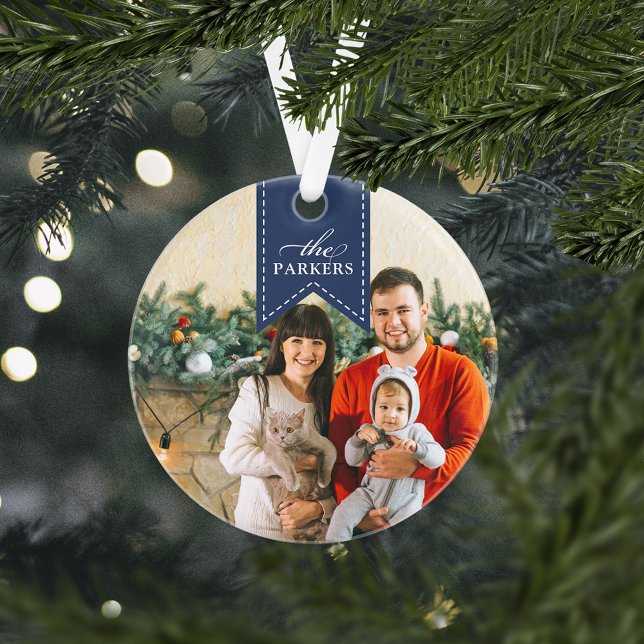 Navy Ribbon | PERSONALISIERTES FOTO Ornament (Von Creator hochgeladen)