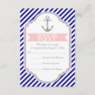 Navy, rosa Anker nautische Hochzeit RSVP Karte