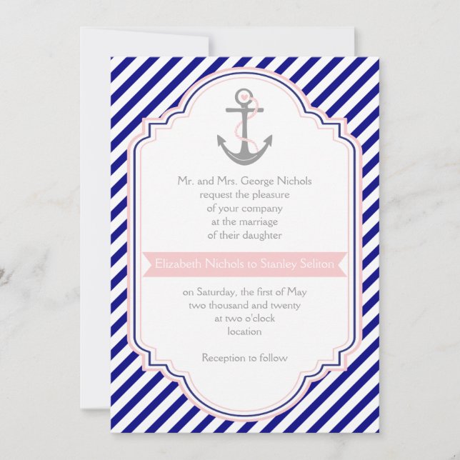 Navy, rosa Anker & Streifen Hochzeit Einladung (Vorderseite)