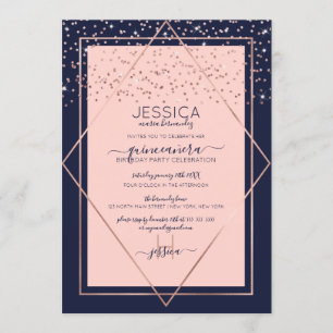 Navy Rosa Gold Confetti Border Quinceañera Einladung