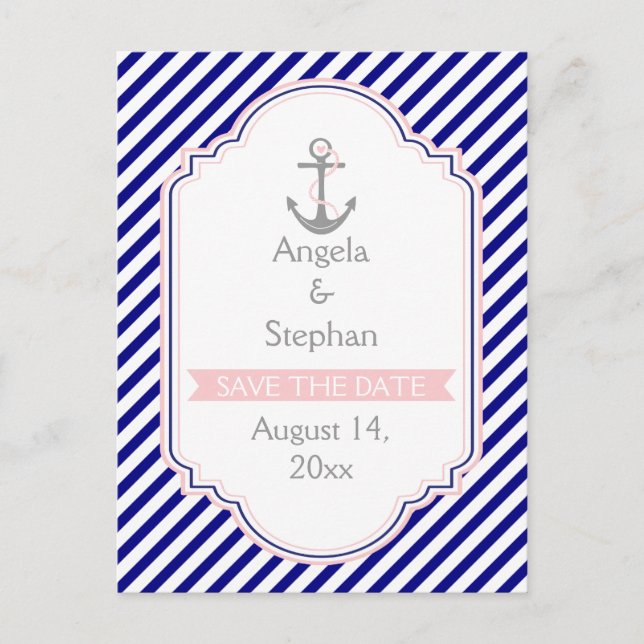 Navy, rosa nautische Hochzeit Save the Date Ankündigungspostkarte (Vorderseite)