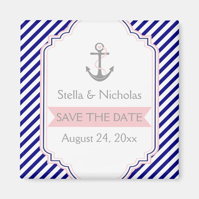 Navy, rosa nautische Hochzeit Save the Date Magnet (Vorne)