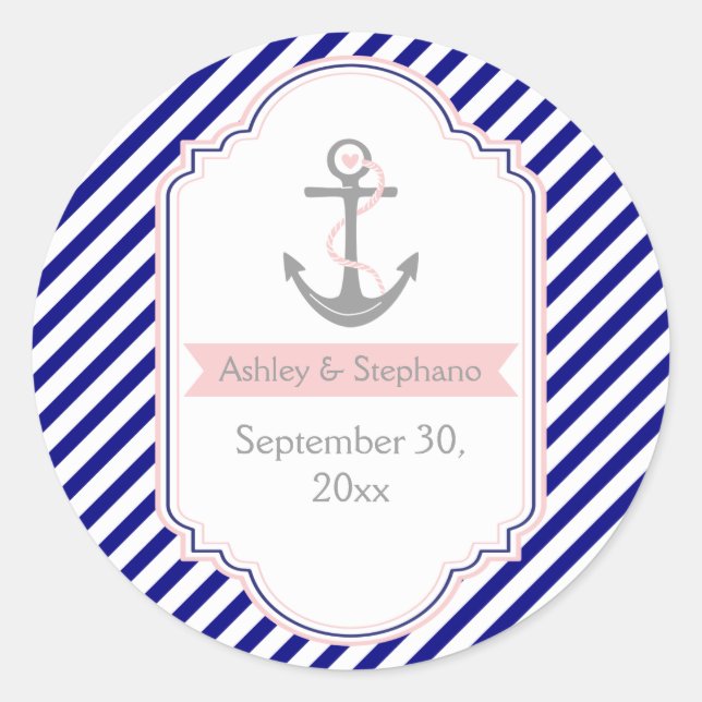 Navy, rosa nautische Hochzeit Save the Date Runder Aufkleber (Vorderseite)