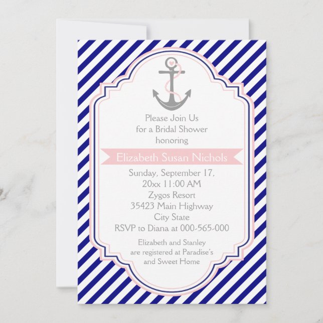 Navy, rosa nautisches Hochzeitsfest-Brautparty Einladung (Vorderseite)