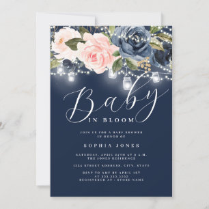 Navy Rosafarbenes Blumen-Baby-In-Blüte-Baby-Shower Einladung