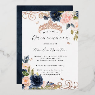 Navy Rose Gold Blush Bloral Swirl Quinceanera Folieneinladung