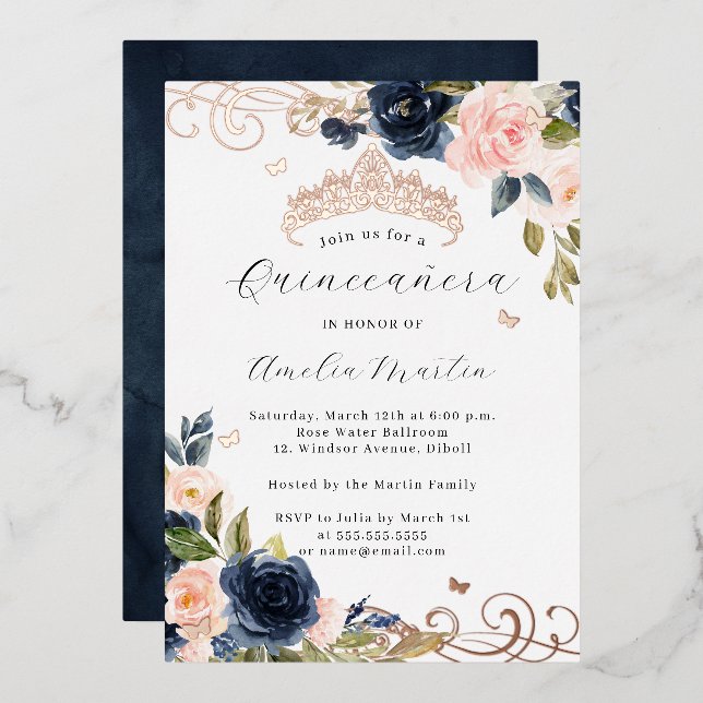Navy Rose Gold Blush Bloral Swirl Quinceanera Folieneinladung (Vorderseite/Rückseite)