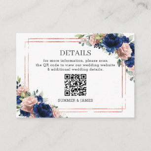 Navy Rose Gold Blush Florale Hochzeitsdetails QR Begleitkarte