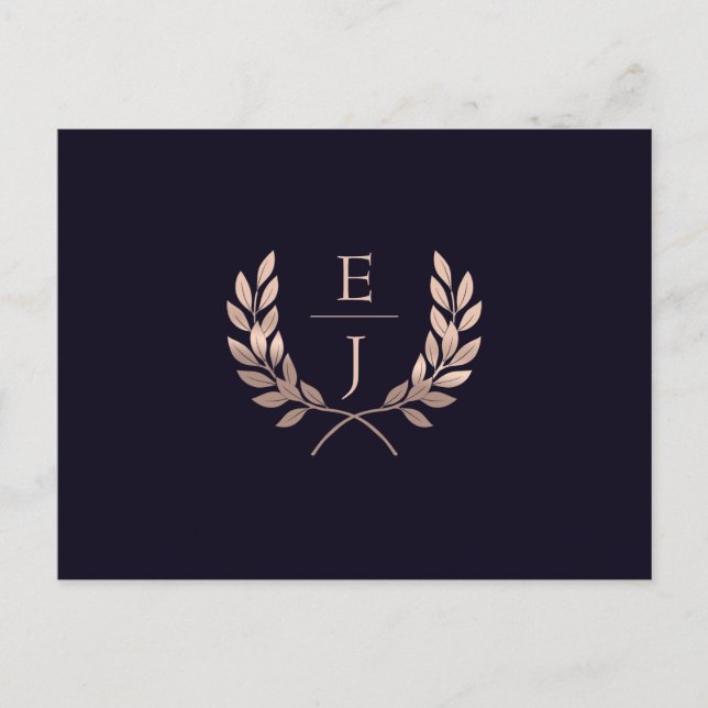 Navy Rose Gold Classic Monogram Wedding rsvp Einladungspostkarte (Vorderseite)