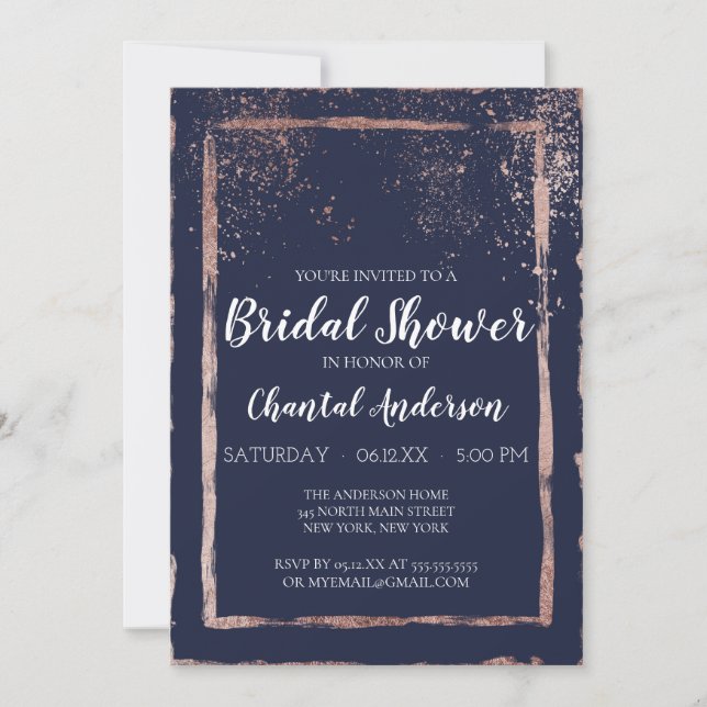 Navy Rose Gold Confetti Pinselstrich Brautparty Einladung (Vorderseite)