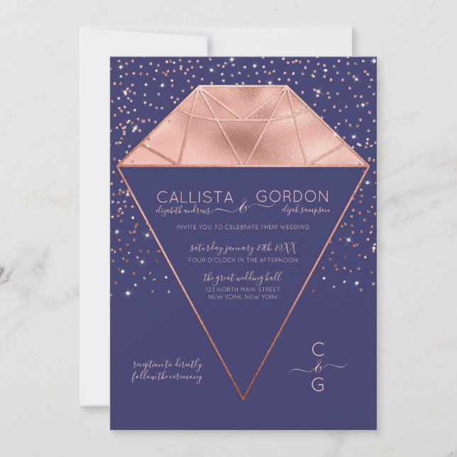 Navy Rose Gold Diamond Confetti Glitzer Hochzeit Einladung (Vorderseite)