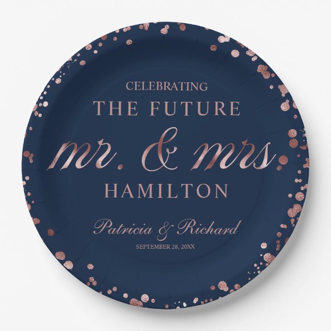 Navy Rose Gold Future Mr. und Mrs. Engagement Part Pappteller (Vorderseite)