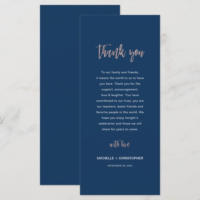 Navy & Rose Gold Glam Chic Hochzeit Dankeschön Kar Menükarte (Vorne/Hinten)
