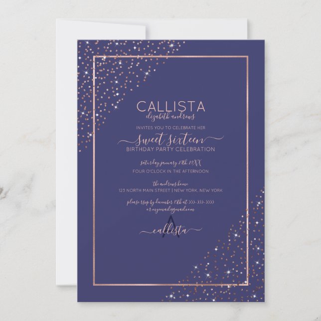 Navy Rose Gold Glitzer Confetti Corners Sweet 16 Einladung (Vorderseite)