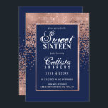 Navy Rose Gold Glitzer Confetti Foto Sweet 16 Einladung<br><div class="desc">Diese formale Sweet 16 Foto Einladung wird durch die moderne und trendige Farbpalette inspiriert, die mit schicken und glamourösen Designstrukturen inmitten der Welt der Moderne und der Moderne eingebunden ist. Es ist elegante und hübsche Druck zeigt Imitate gedruckt funkelnd Rose Gold Glitzer ombre Farbtreue Konfetti mit einer Rose Gold Rand,...</div>