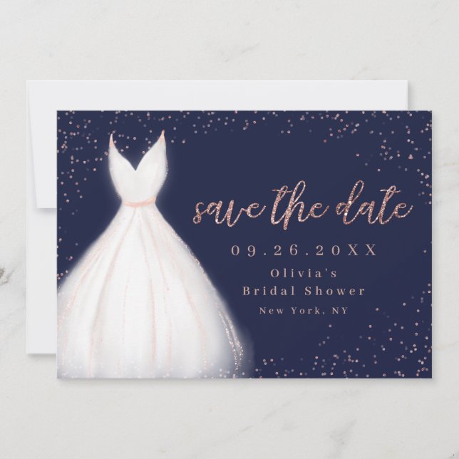 Navy Rose Gold Glitzer Elegantes Kleid Save the Da Save The Date (Vorderseite)