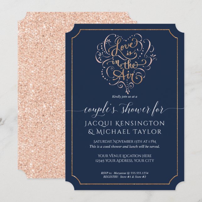 Navy Rose Gold Glitzer Script Liebe Couple Shooter Einladung (Vorne/Hinten)