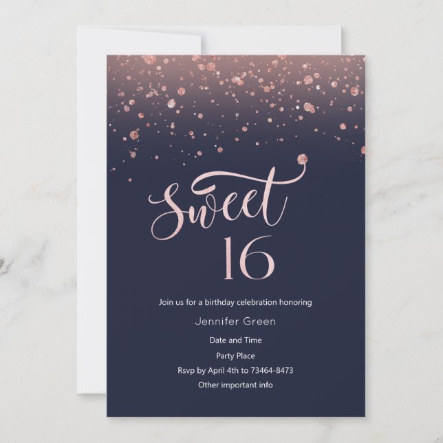 Navy & Rose Gold Glitzer Sweet 16 Einladung (Vorderseite)