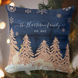 Navy Rose Gold Glitzer Winterwald Familienname Kissen