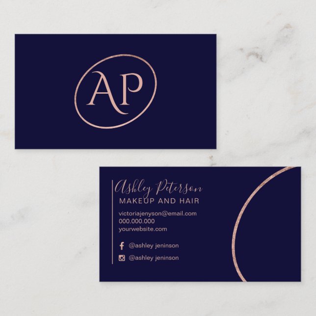 Navy rose gold initial logo hair makeup typography visitenkarte (Vorne/Hinten)