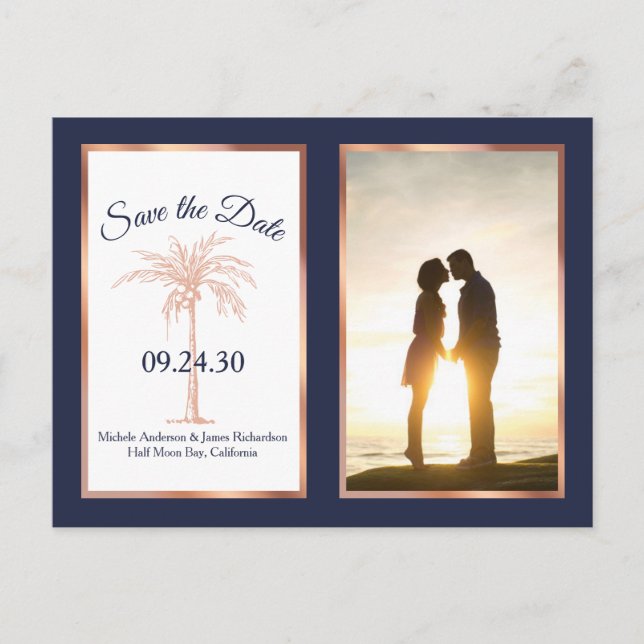 Navy Rose Gold Palm Hochzeit speichern das Date Fo Ankündigungspostkarte (Vorderseite)