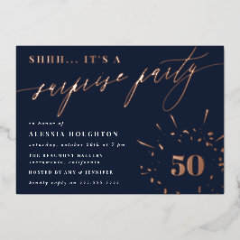 Navy & Rose Gold Script Überraschung Party Folieneinladung