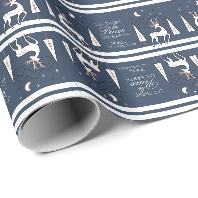 Navy Rose Gold Weltfrieden Rentier bei Nacht Geschenkpapier (Rolleneckpunkt)