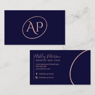 Navy-Roségold-Anfangslogo-Frisur-Make-up-Typografi Visitenkarte