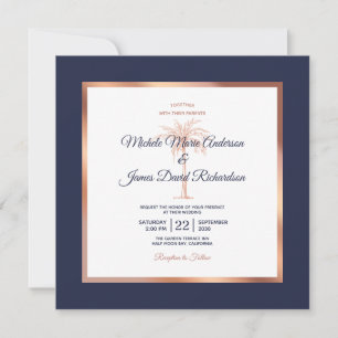 Navy-Roségold-Kupfer-Palmenstrand-Hochzeit Einladung