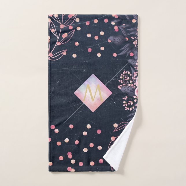 Navy Rosegold Monogram Gips Girl Floral Pink Handtuch (Handtuch)