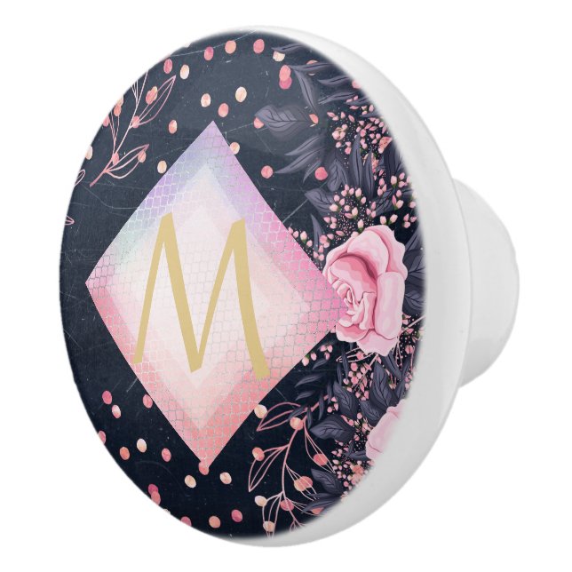 Navy Rosegold Monogram Gips Girl Floral Pink Keramikknauf (Rechts)