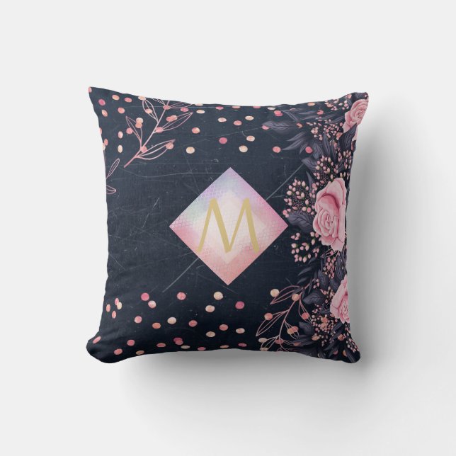Navy Rosegold Monogram Gips Girl Floral Pink Kissen (Vorderseite)