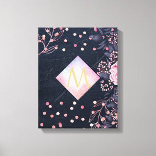 Navy Rosegold Monogram Gips Girl Floral Pink Leinwanddruck