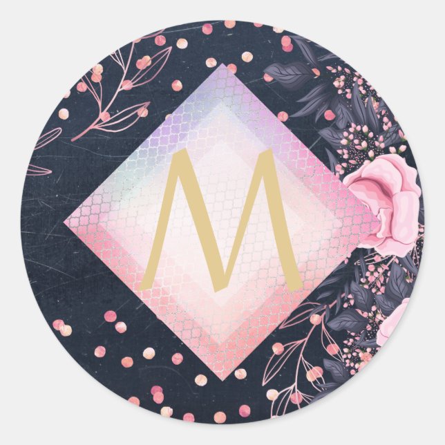 Navy Rosegold Monogram Gips Girl Floral Pink Runder Aufkleber (Vorderseite)