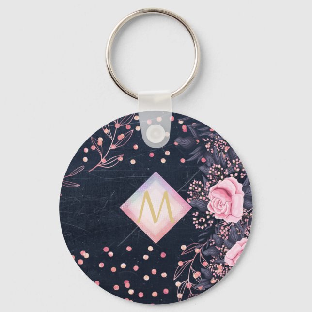 Navy Rosegold Monogram Gips Girl Floral Pink Schlüsselanhänger (Vorderseite)