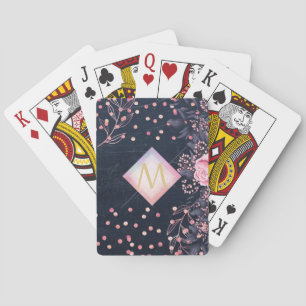Navy Rosegold Monogram Gips Girl Floral Pink Spielkarten