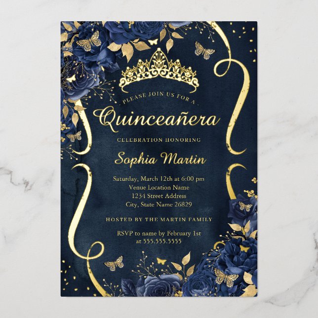 Navy Rosen Floral Butterfly Tiara Quinceanera Folieneinladung (Vorderseite)