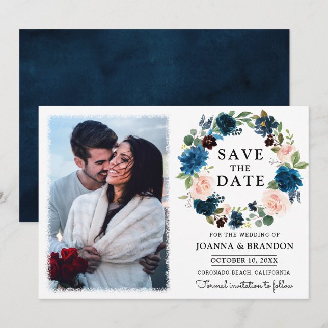 Navy Royal Blue Blues Floral Save the Date Einladung (Vorne/Hinten)