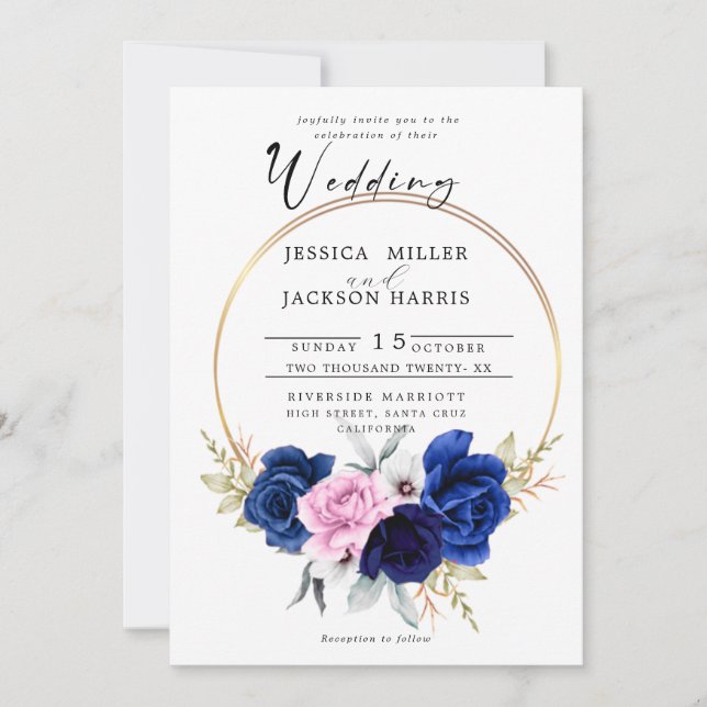 Navy | Royal Blue Blush Pink Floral Wedding  Einladung (Vorderseite)