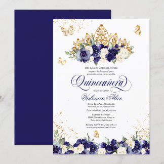 Navy Royal Blue Floral Tiara Butterfly Quinceanera Einladung