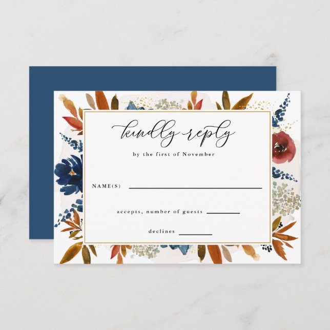 Navy & Rust Boho Blume Gold Frame Wedding RSVP Karte (Vorne/Hinten)