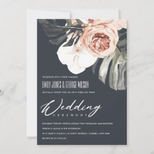 NAVY RUST FLORAL MONSTRERA LEAF WEDING INVITE DANKESKARTE