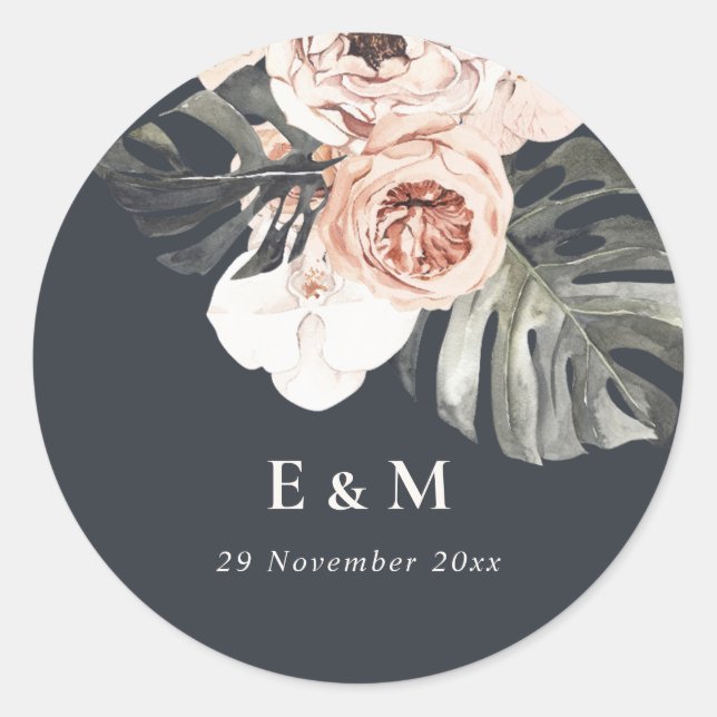 NAVY RUST MONSTERA PEONY FLORAL MONOGRAM WEDD RUNDER AUFKLEBER (Vorderseite)